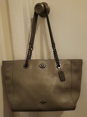 Coach Leather Pebbled Tote in Taupe Gray with Chain-Strap Detail Circa 2018